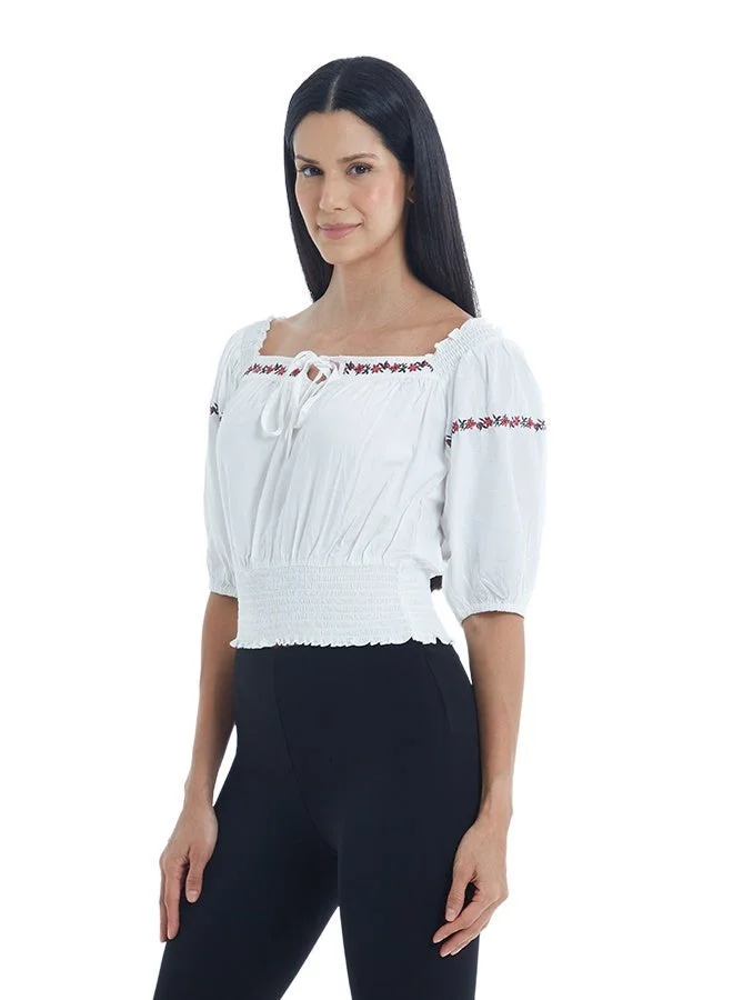 Asharae  Women's Elbow Sleeve Top With Smoking And String At Neck Comfortable Material, Breathable Daily Wear, Casual Fashion Outfit, Special Occasion Outfit, Trendy & Chic Apparel for Women | Best Price UAE