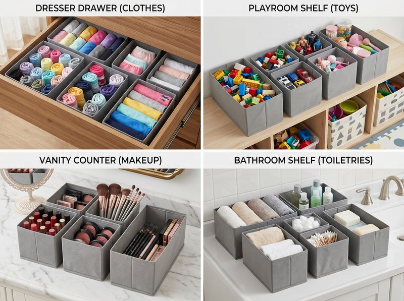 Dunekart Cloth Drawer Storage Organizer Boxes | Foldable Fabric Containers for Clothes, Toys, Makeup & Bathroom Essentials – Gray (6pcs) - Image 4