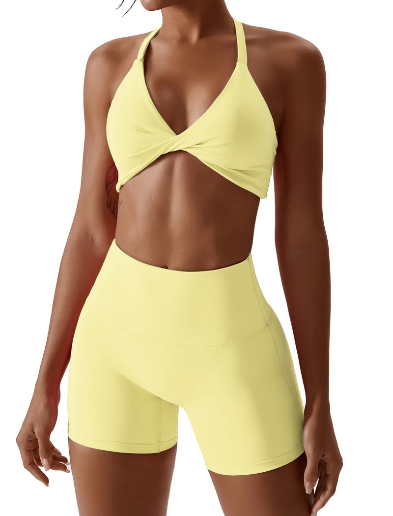 ABOCIW Workout Sets for Women Twist Front Sports Bra High Waist Scrunch Butt Biker Shorts 2 Piece Gym Sets Yellow Small - Image 1