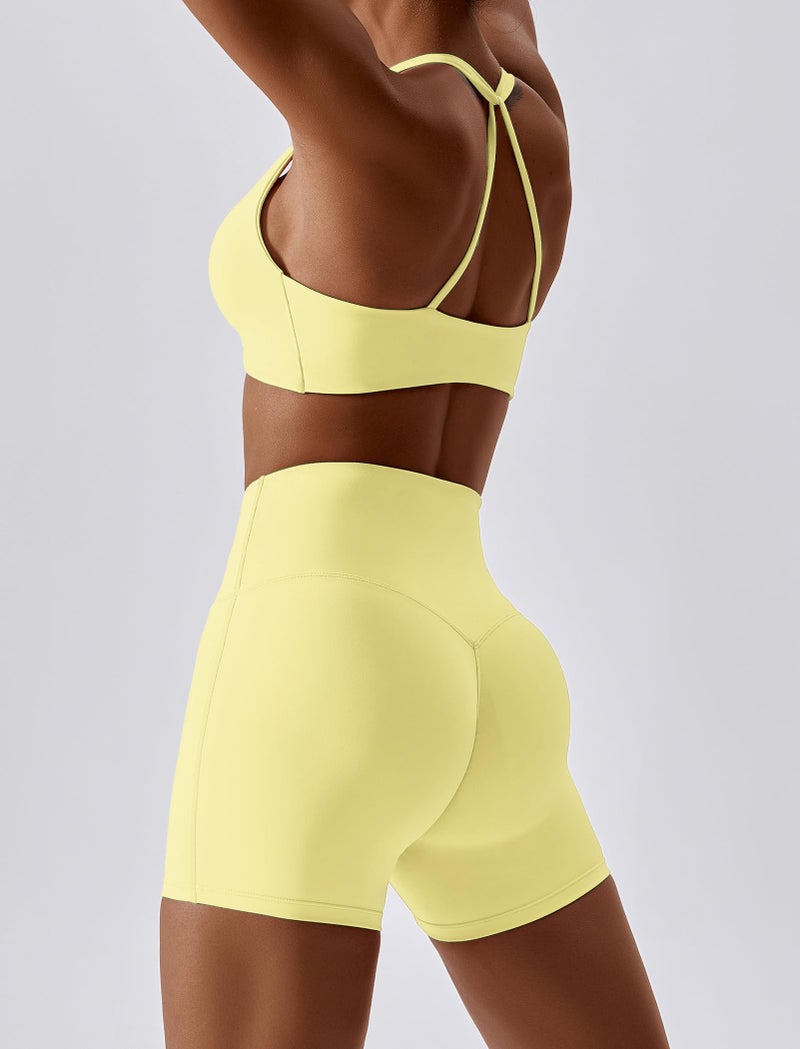 ABOCIW Workout Sets for Women Twist Front Sports Bra High Waist Scrunch Butt Biker Shorts 2 Piece Gym Sets Yellow Small - Image 2