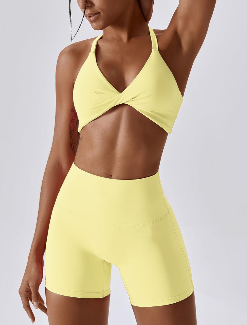 ABOCIW Workout Sets for Women Twist Front Sports Bra High Waist Scrunch Butt Biker Shorts 2 Piece Gym Sets Yellow Small - Image 4