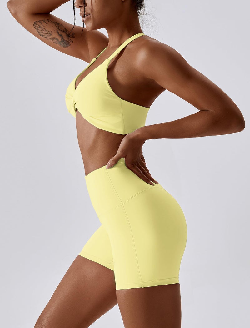 ABOCIW Workout Sets for Women Twist Front Sports Bra High Waist Scrunch Butt Biker Shorts 2 Piece Gym Sets Yellow Small - Image 5