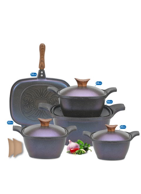 9 Piece Square Healthy Granite Nonstick Kitchen Cookware (4 Pots (20 + 22 + 24 + 30) + Double Grill 36)