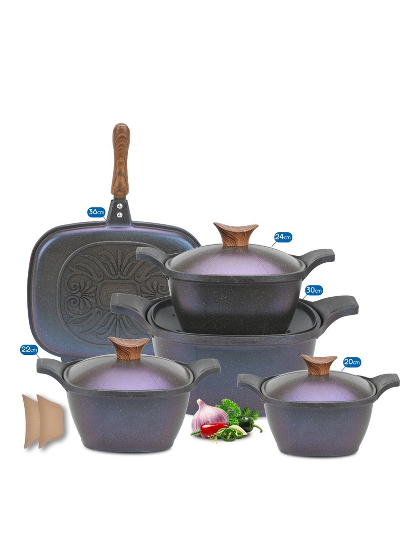 9 Piece Square Healthy Granite Nonstick Kitchen Cookware (4 Pots (20 + 22 + 24 + 30) + Double Grill 36)