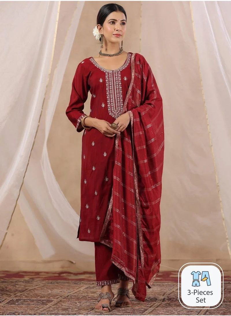 آي شين Regular Fit Three-Quarter Sleeve Printed Maroon Silk Woven Kurta Set For Women Flat Collar Perfect For Wedding And Engagement Pull On Closure