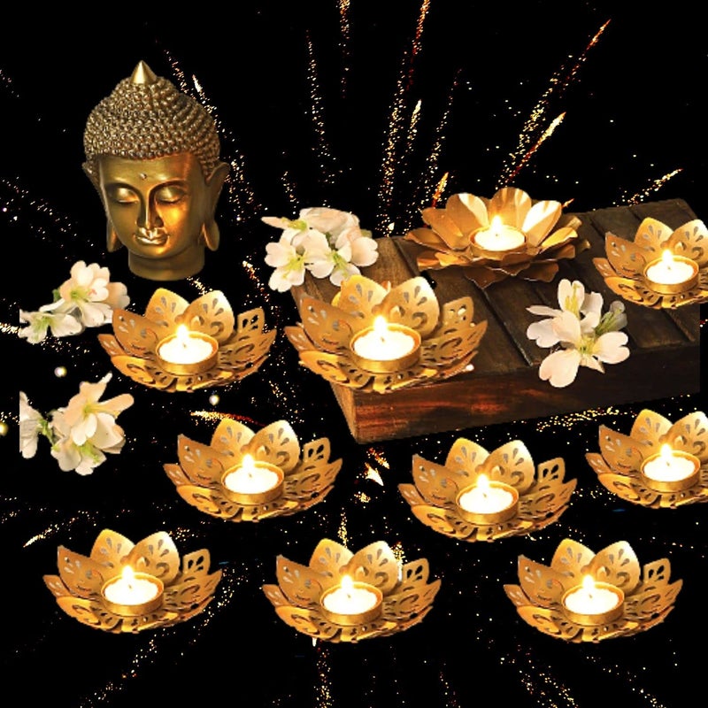 DECOR VIBES Decor Vibes 10 Pieces Lotus Tea Light Candle Holder with 10 Tea Light Candle Diwali Lighting Decoration Deepak Rangoli Diya Gold 10 