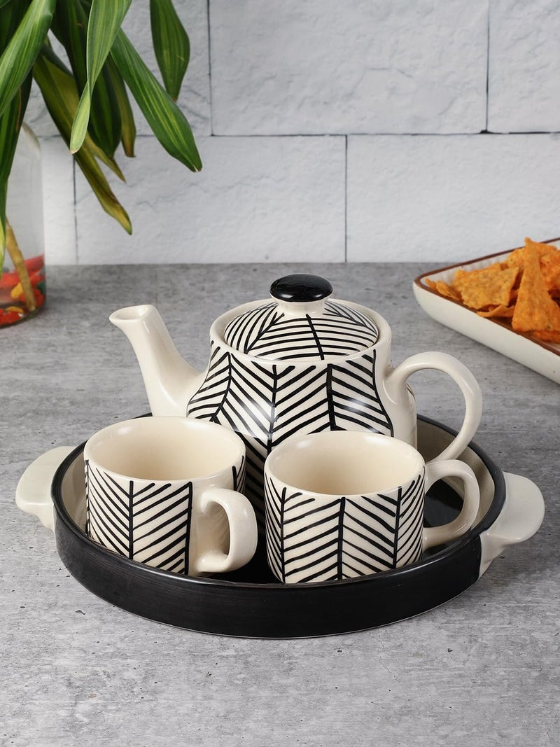 miah decor طقم شاي سيراميك ميا ديكور مع غلاية وصينية مع 2 كوب، 1 إبريق شاي و 1 صينية بتصميم مطلي يدويًا - Image 1