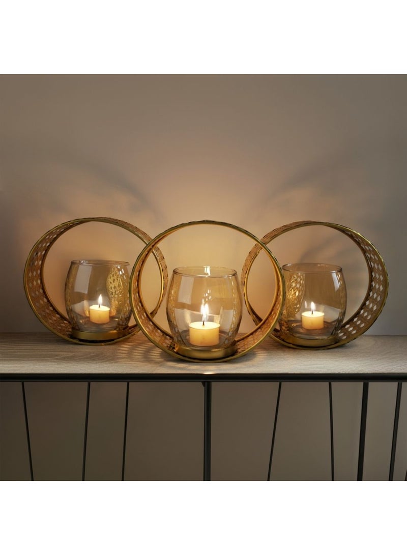 DANUBE HOME Impressions Metal 3-Ring Cutwork Candle Holder with Amber Glass – Elegant Decorative Candle Stand for Ambient Lighting, Home Decor & Stylish Table Centerpieces  L39 X W12 X H15.5 Cm Gold - Image 1