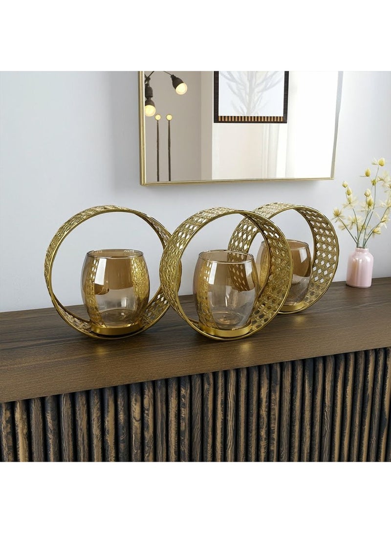 DANUBE HOME Impressions Metal 3-Ring Cutwork Candle Holder with Amber Glass – Elegant Decorative Candle Stand for Ambient Lighting, Home Decor & Stylish Table Centerpieces  L39 X W12 X H15.5 Cm Gold - Image 2