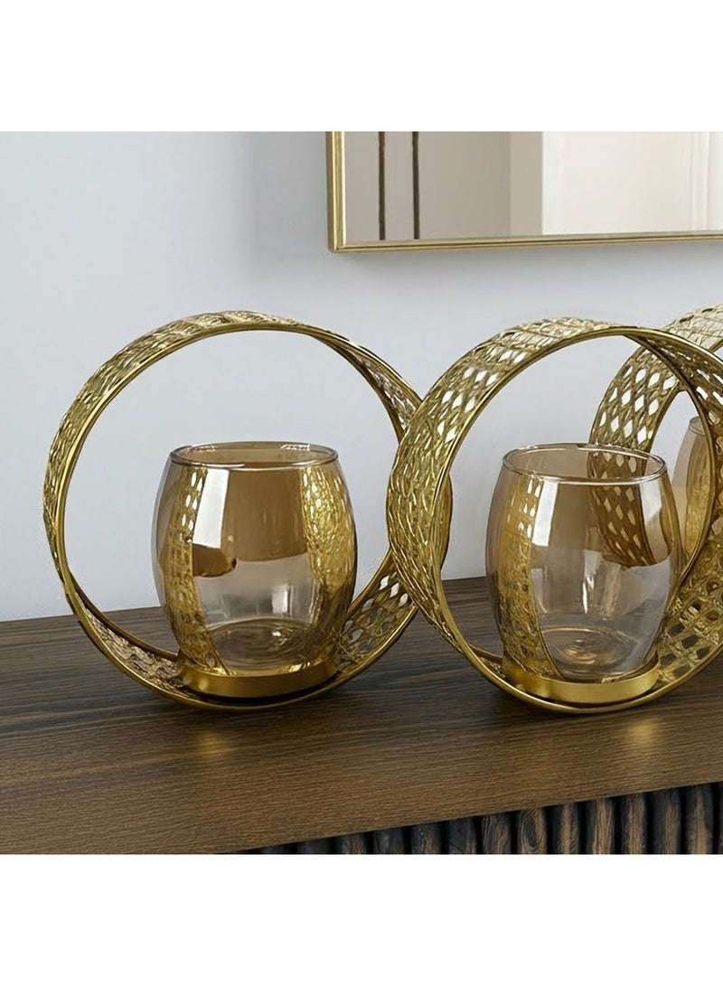 DANUBE HOME Impressions Metal 3-Ring Cutwork Candle Holder with Amber Glass – Elegant Decorative Candle Stand for Ambient Lighting, Home Decor & Stylish Table Centerpieces  L39 X W12 X H15.5 Cm Gold - Image 3