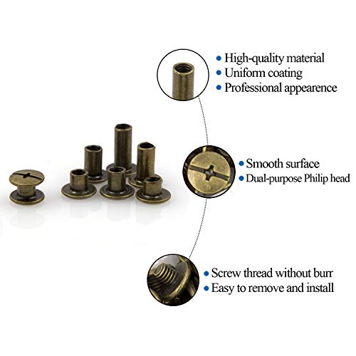 Alloygold 90 Sets Bronze Chicago Screws Leather Assorted Kit ，6 Sizes of Screw Rivets for Leather Rivet for DIY Leather Craft and Bookbinding (M5 X 4, 5, 6, 8, 10, 12) - Image 4