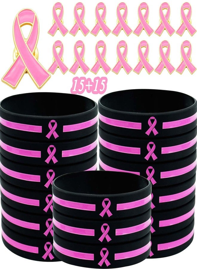 Temogole 30 Pcs Breast Cancer Awareness Bulk Items Accessories 15 Breast Cancer Awareness Bracelets 15 Breast Cancer Awareness Pins Pink Ribbon Wristband Fundraiser Gifts Breast Cancer Party Favor 15 Set - Image 1
