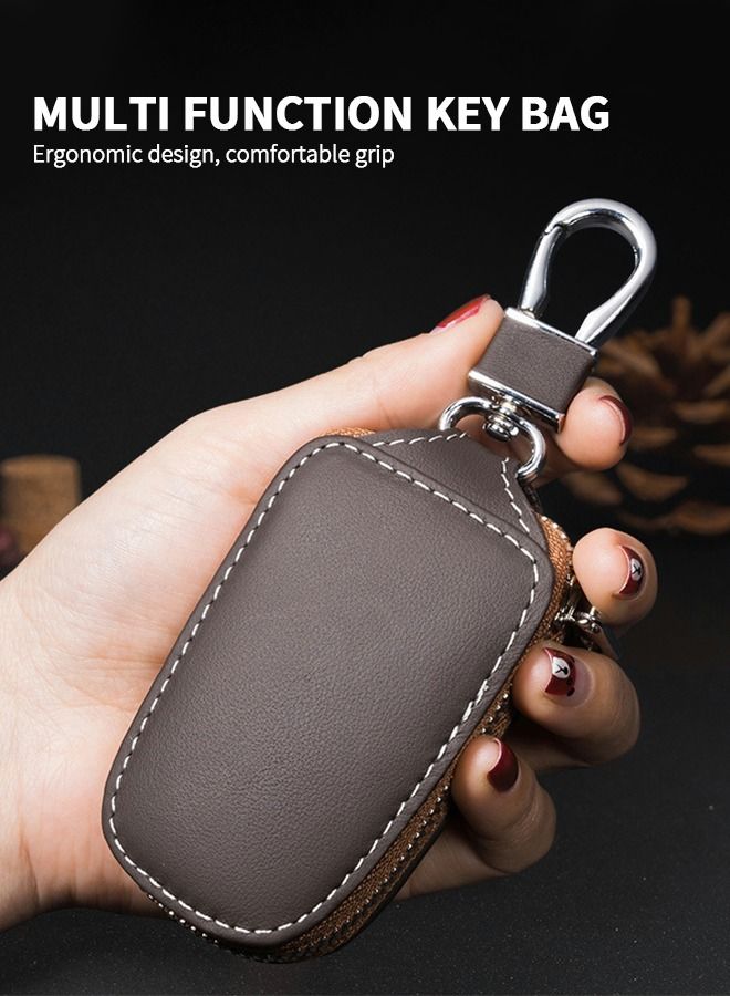 GROIC Genuine Leather Car Key Holder Bag Key Case Wallet Zipper Closure Holder Metal Hook Auto Key Fob Holder Smart Protector General Cover(Brown)  - Image 2