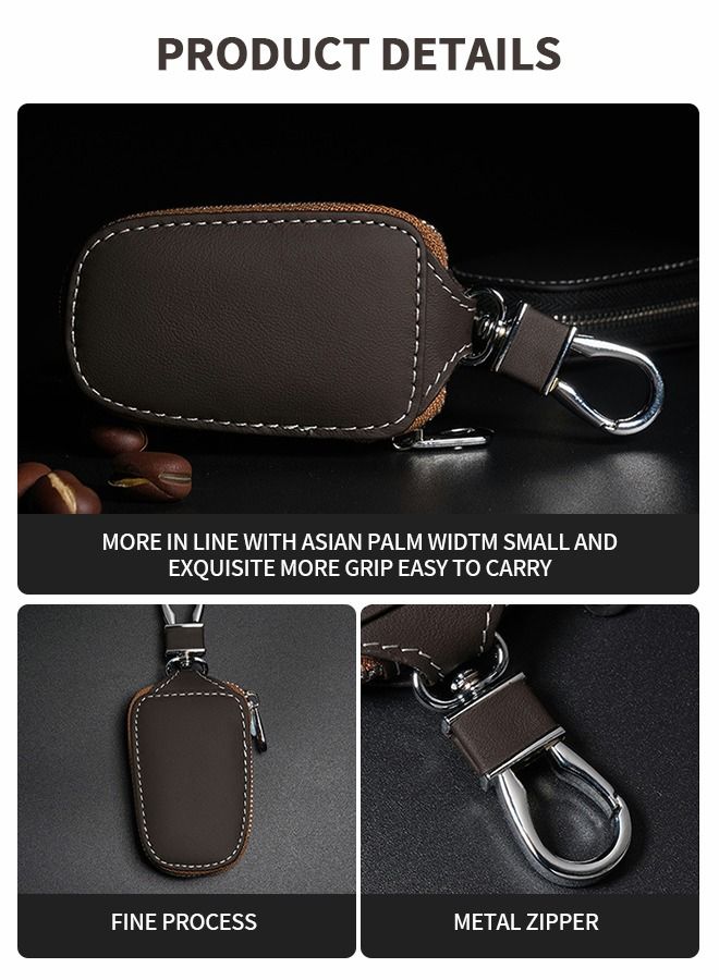 GROIC Genuine Leather Car Key Holder Bag Key Case Wallet Zipper Closure Holder Metal Hook Auto Key Fob Holder Smart Protector General Cover(Brown)  - Image 4