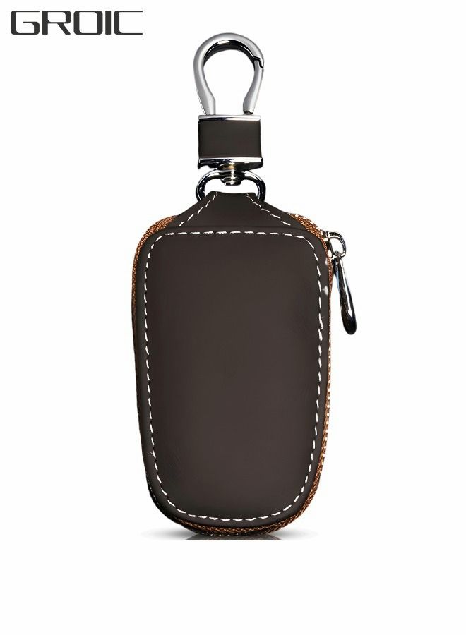 GROIC Genuine Leather Car Key Holder Bag Key Case Wallet Zipper Closure Holder Metal Hook Auto Key Fob Holder Smart Protector General Cover(Brown)  - Image 1