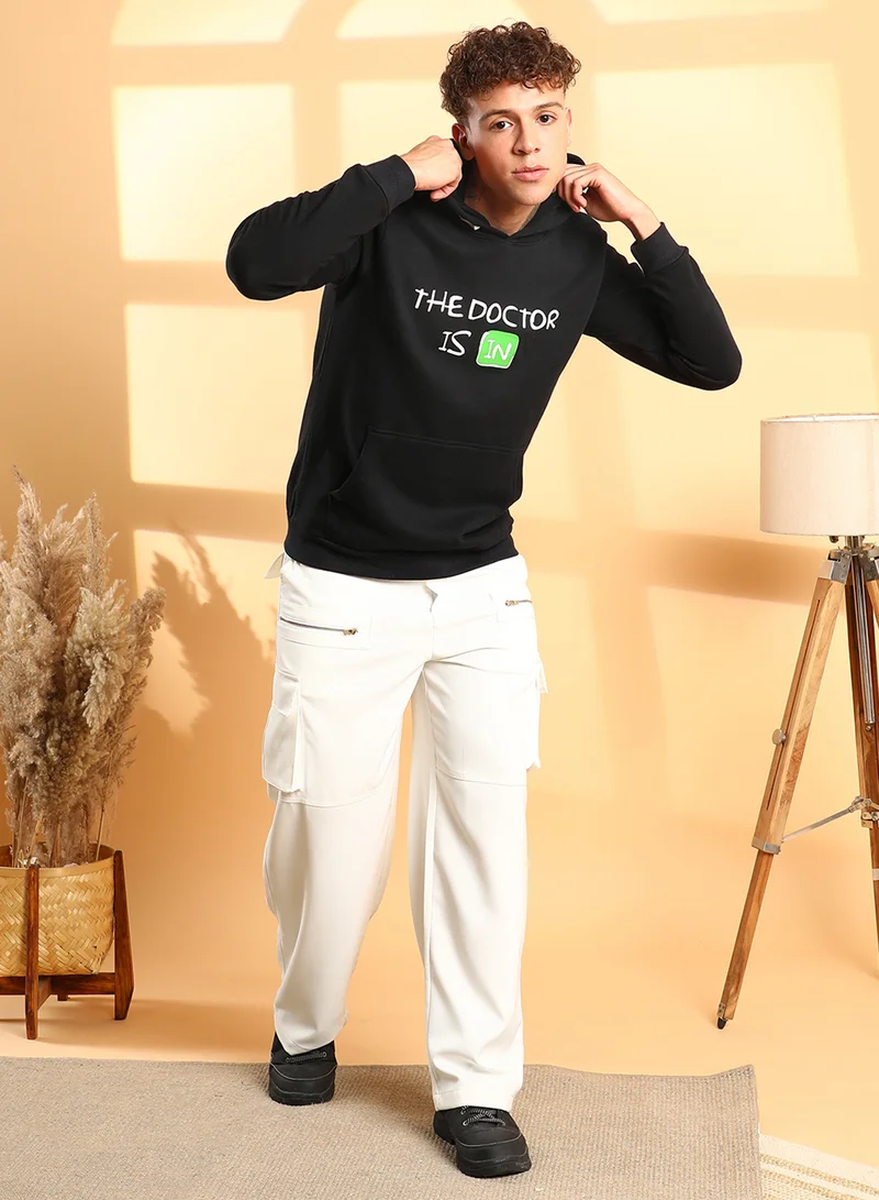 Campus Sutra Men's Black Doctor in Hoodie With Kangaroo Pocket