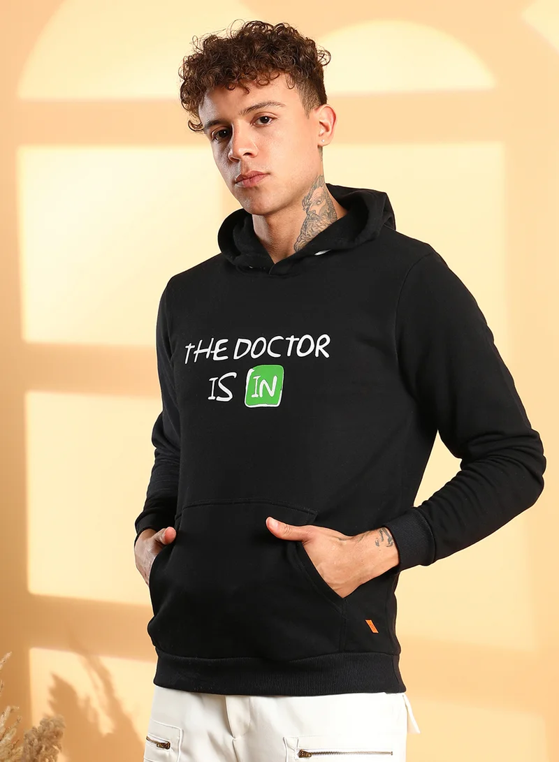 Campus Sutra Men's Black Doctor in Hoodie With Kangaroo Pocket