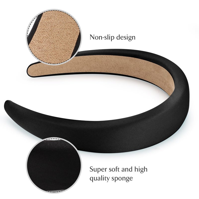 WantGor Padded Headband for Women, Wide Sponge HeadBands Plain Solid Hair Band Hoops Vintage Yoga Head Bands Fashion Elastic Hairband Accessories (Black) - Image 3