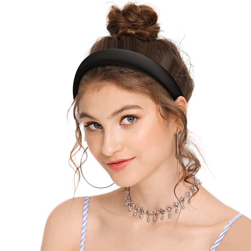WantGor Padded Headband for Women, Wide Sponge HeadBands Plain Solid Hair Band Hoops Vintage Yoga Head Bands Fashion Elastic Hairband Accessories (Black) - Image 5