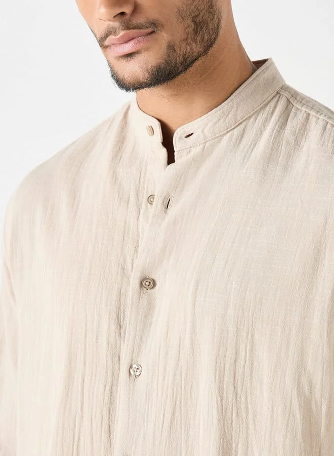 Iconic Iconic Relaxed Fit Textured Mandarin Collar Shirt with Long Sleeves