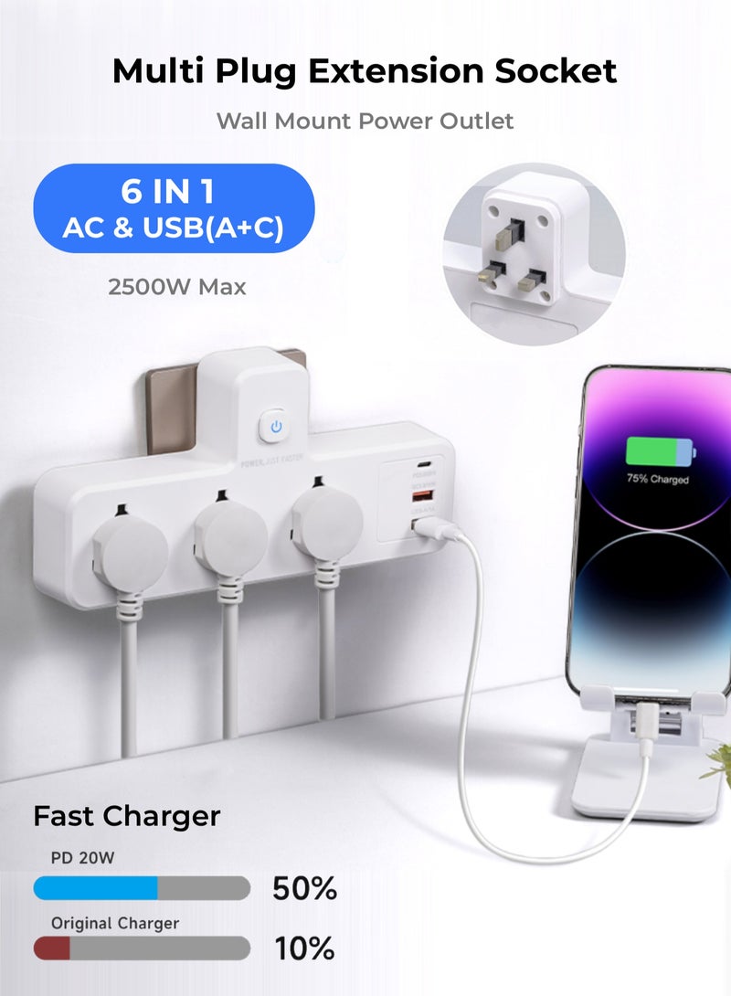 Multi Plug Extension Socket with 3 USB Ports (2A+1C, 20W PD) & 3 Sockets, 6-in-1 Power Strip Surge Protector, Wall Mount Power Outlet for Fast Charging, Heavy Duty UK  Power Plug - Image 1
