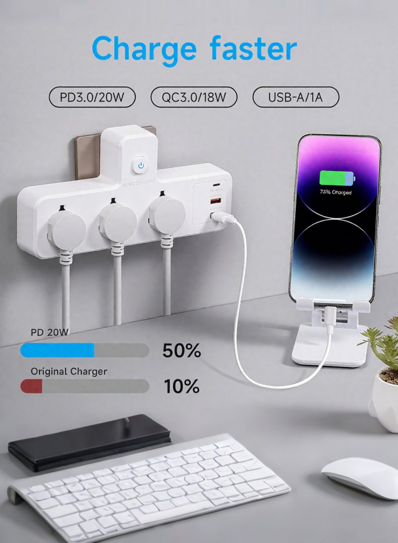 Multi Plug Extension Socket with 3 USB Ports (2A+1C, 20W PD) & 3 Sockets, 6-in-1 Power Strip Surge Protector, Wall Mount Power Outlet for Fast Charging, Heavy Duty UK  Power Plug - Image 2