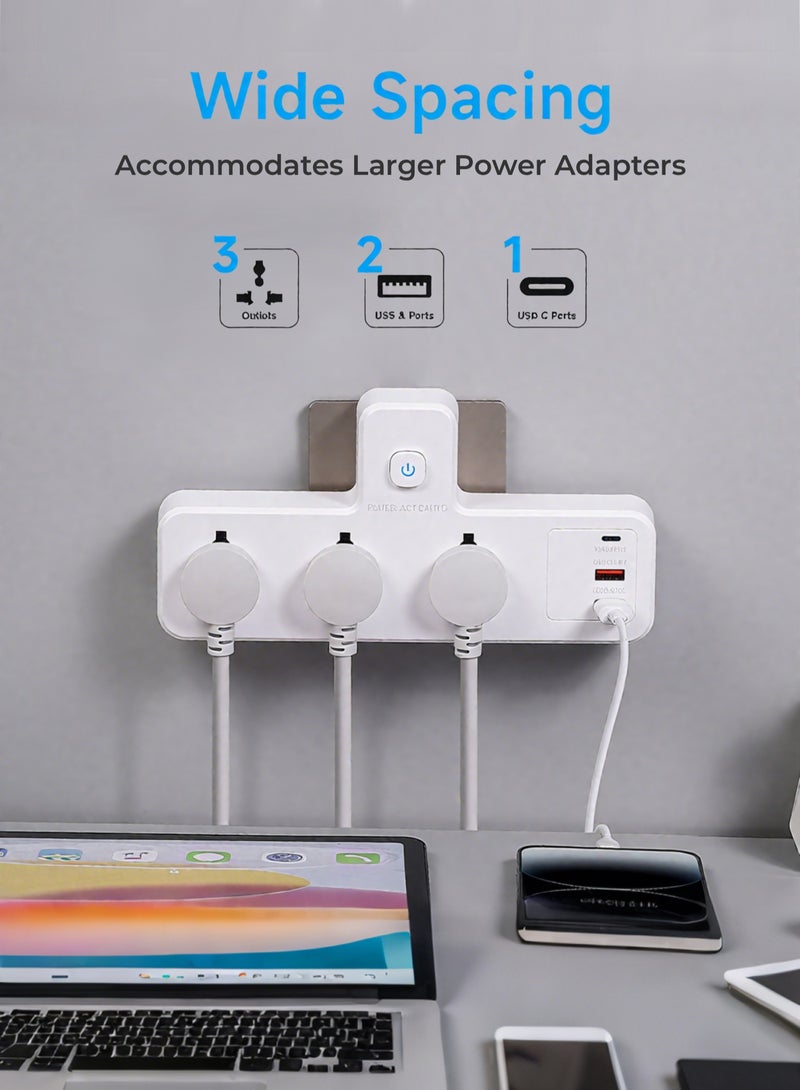 Multi Plug Extension Socket with 3 USB Ports (2A+1C, 20W PD) & 3 Sockets, 6-in-1 Power Strip Surge Protector, Wall Mount Power Outlet for Fast Charging, Heavy Duty UK  Power Plug - Image 4