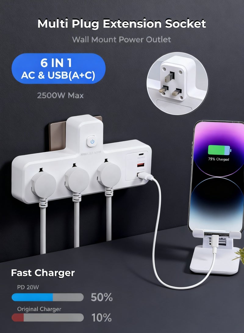 Multi Plug Extension Socket with 3 USB Ports (2A+1C, 20W PD) & 3 Sockets, 6-in-1 Power Strip Surge Protector, Wall Mount Power Outlet for Fast Charging, Heavy Duty UK  Power Plug - Image 1