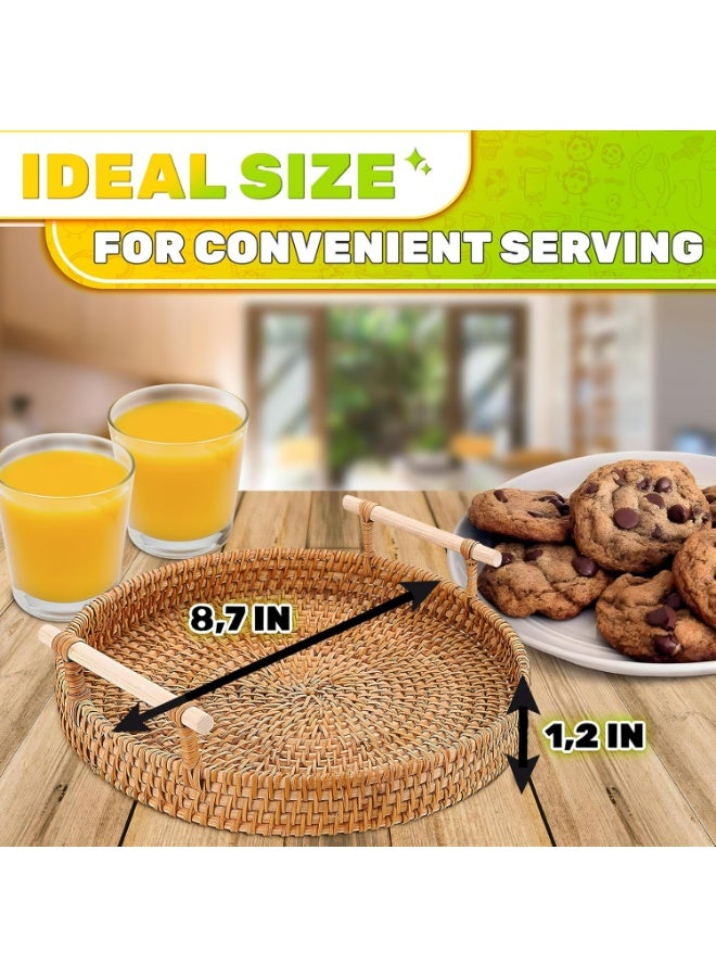 سلة خيزران منسوجة من الروطان مستديرة، صينية تقديم منسوجة من الروطان مع مقابض للخبز والفاكهة والخضروات، سلال تقديم المطاعم وسلال عرض الطاولة (8.7 بوصة، 1 قطعة) - Image 4