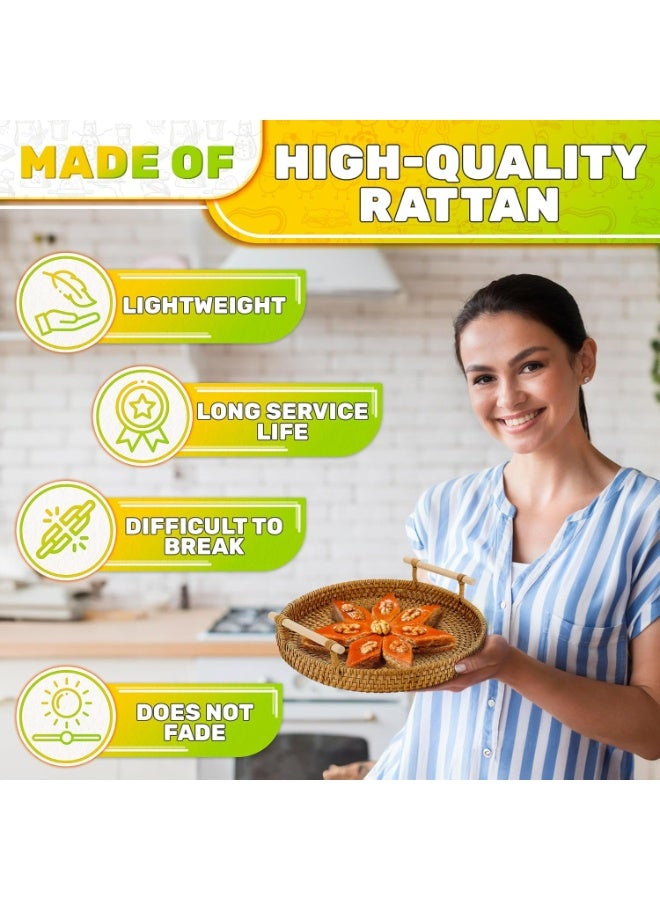 سلة خيزران منسوجة من الروطان مستديرة، صينية تقديم منسوجة من الروطان مع مقابض للخبز والفاكهة والخضروات، سلال تقديم المطاعم وسلال عرض الطاولة (8.7 بوصة، 1 قطعة) - Image 3