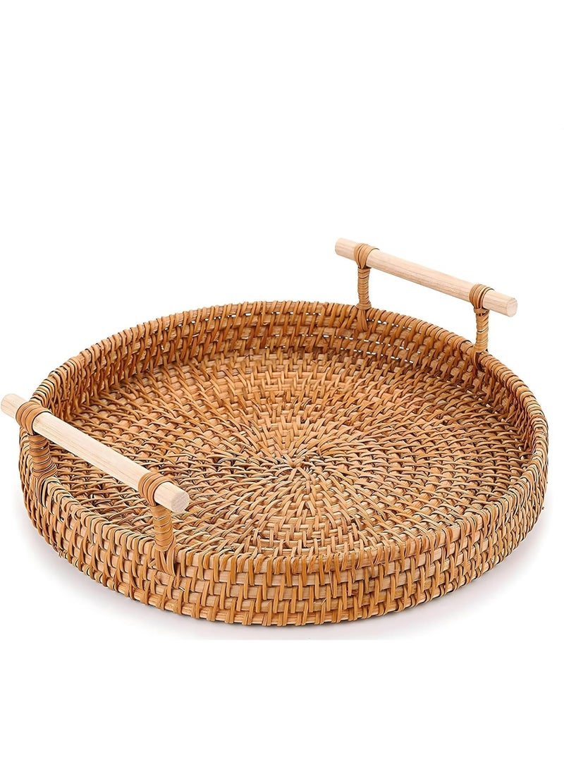 سلة خيزران منسوجة من الروطان مستديرة، صينية تقديم منسوجة من الروطان مع مقابض للخبز والفاكهة والخضروات، سلال تقديم المطاعم وسلال عرض الطاولة (8.7 بوصة، 1 قطعة) - Image 1