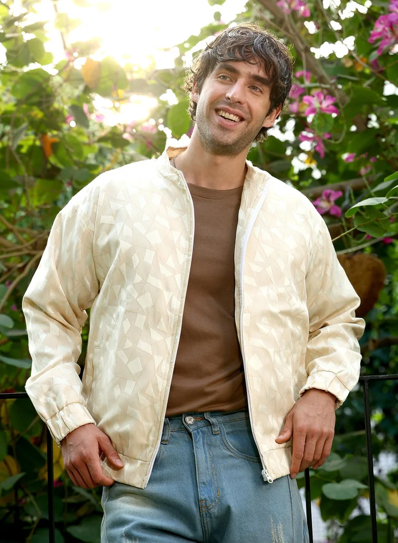 Campus Sutra Men Mozaic-Jacquard Bomber Jacket | Mandarin Collar, Long Stretch-Cuff Sleeves | Zipper , Stretch-Straight Hem | Geometric Jacquard | Woven Fabric For Casual & Daily Wear | Cream White