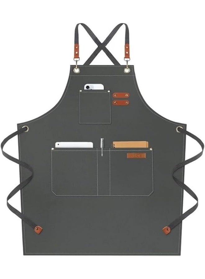 مريلة قماشية كبيرة الحجم قابلة للتعديل مع جيوب للرجال والنساء مصنوعة من قماش قطني شديد التحمل مقاومة للماء والحرارة، للطبخ وصالونات الحلاقة والمطاعم والحرف اليدوية - Image 4