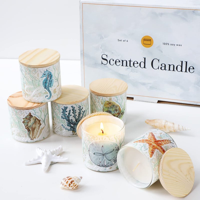 Jar Candles Scented with Lid Gift Set of 6 Ocean Theme Glass Jar Different Fragrance Soy Wax Aromatherapy Candles Take Harsh Smells Away Candle for Home Scented Stress Relief Relaxation