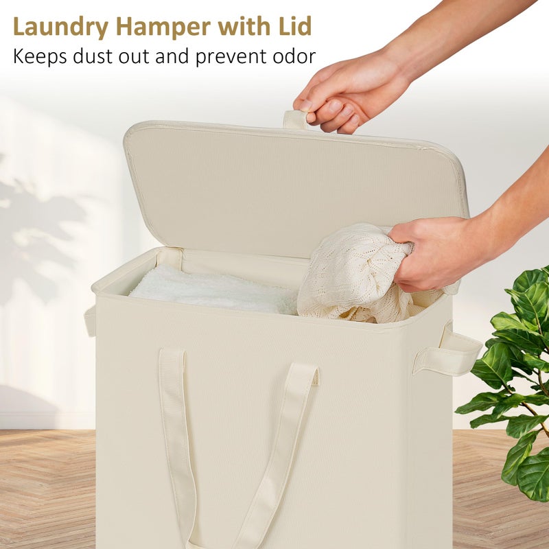 efluky Slim Laundry Basket with Lid, Narrow Laundry Hamper with Handles, Collapsible Dirty Clothes Hamper, Tall Laundry Bin for Laundry Room, Dorm and Bedroom, 55L Beige - Image 3