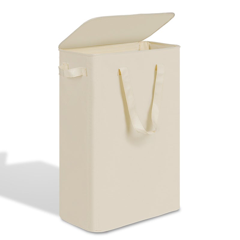 efluky Slim Laundry Basket with Lid, Narrow Laundry Hamper with Handles, Collapsible Dirty Clothes Hamper, Tall Laundry Bin for Laundry Room, Dorm and Bedroom, 55L Beige - Image 1