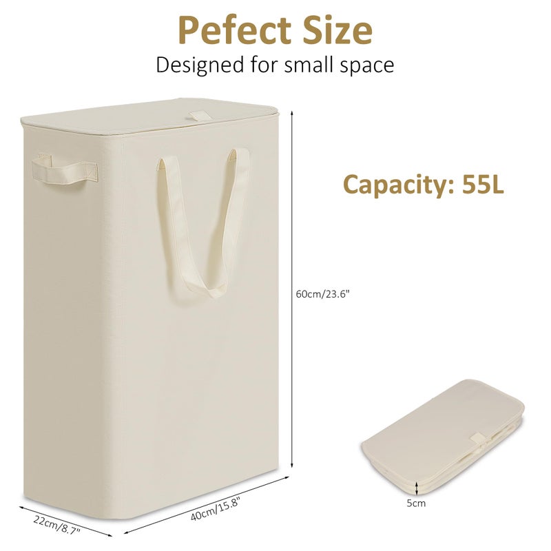 efluky Slim Laundry Basket with Lid, Narrow Laundry Hamper with Handles, Collapsible Dirty Clothes Hamper, Tall Laundry Bin for Laundry Room, Dorm and Bedroom, 55L Beige - Image 2