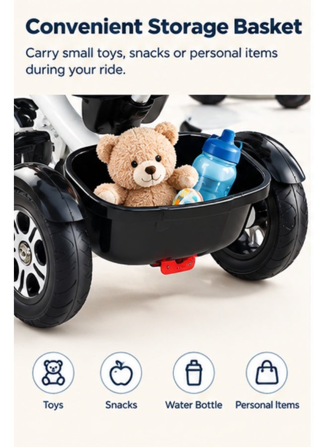 MaBaby Kids Tricycle with Parent Push Handle, Adjustable Seat & Storage Baskets, White & Black - Image 3