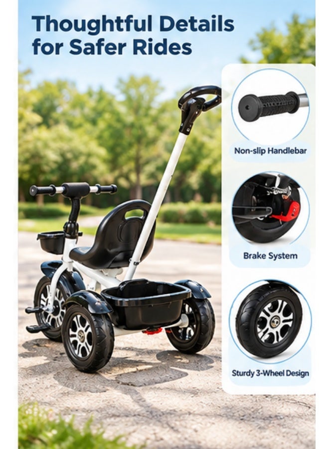 MaBaby Kids Tricycle with Parent Push Handle, Adjustable Seat & Storage Baskets, White & Black - Image 5