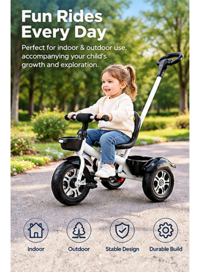 MaBaby Kids Tricycle with Parent Push Handle, Adjustable Seat & Storage Baskets, White & Black - Image 4