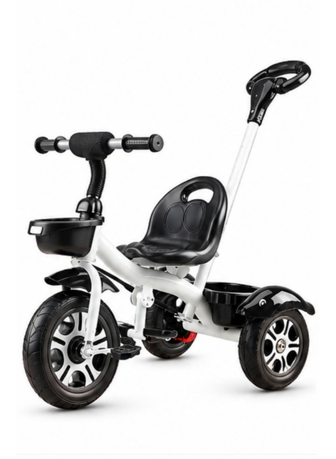 MaBaby Kids Tricycle with Parent Push Handle, Adjustable Seat & Storage Baskets, White & Black - Image 1