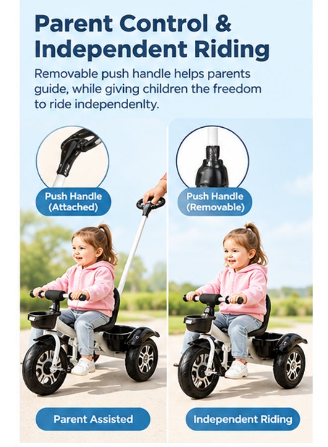 MaBaby Kids Tricycle with Parent Push Handle, Adjustable Seat & Storage Baskets, White & Black - Image 2