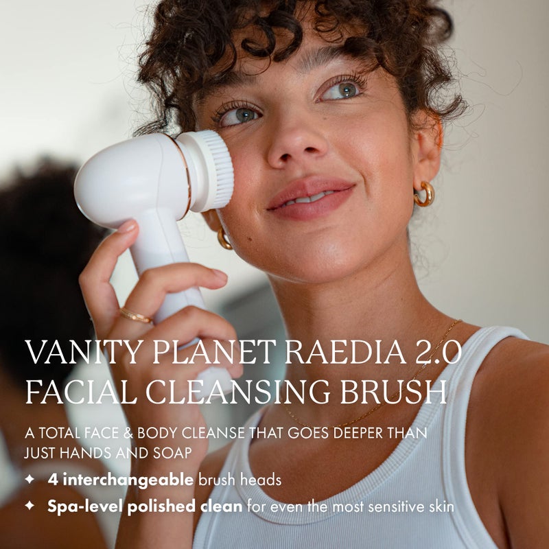 Vanity Planet Raedia 2.0 Facial Cleansing Brush, 4 Interchangeable Brush Heads, White - Daily Cleansing Face Exfoliator for Glowing & Acne Prone Skin - Lightweight Silicone Water-Resistant Body Brush - Image 2