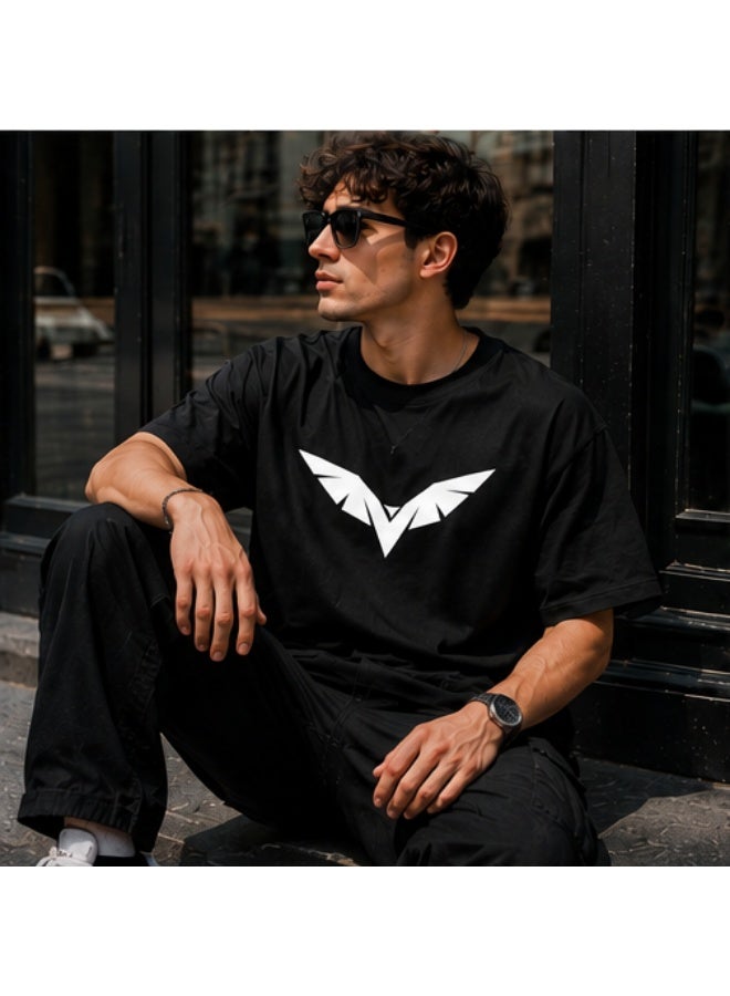Men's Premium Black Cotton T-Shirt - White "Eagle" Printed Graphic Crew Neck Tee (OVERSIZE) - Image 4