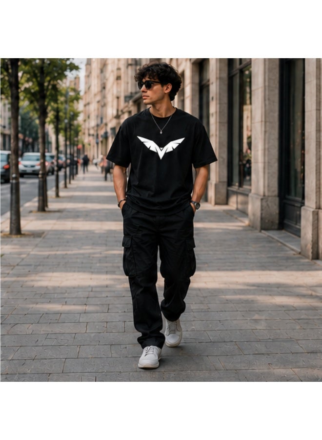 Men's Premium Black Cotton T-Shirt - White "Eagle" Printed Graphic Crew Neck Tee (OVERSIZE) - Image 3