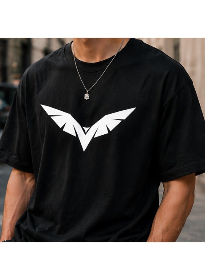 Men's Premium Black Cotton T-Shirt - White "Eagle" Printed Graphic Crew Neck Tee (OVERSIZE) - Image 2