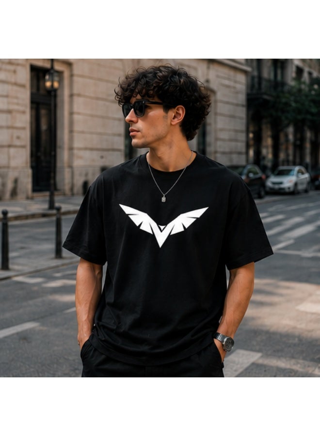 Men's Premium Black Cotton T-Shirt - White "Eagle" Printed Graphic Crew Neck Tee (OVERSIZE) - Image 1