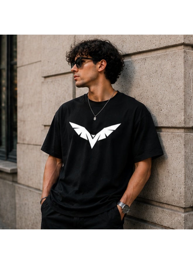 Men's Premium Black Cotton T-Shirt - White "Eagle" Printed Graphic Crew Neck Tee (OVERSIZE) - Image 5