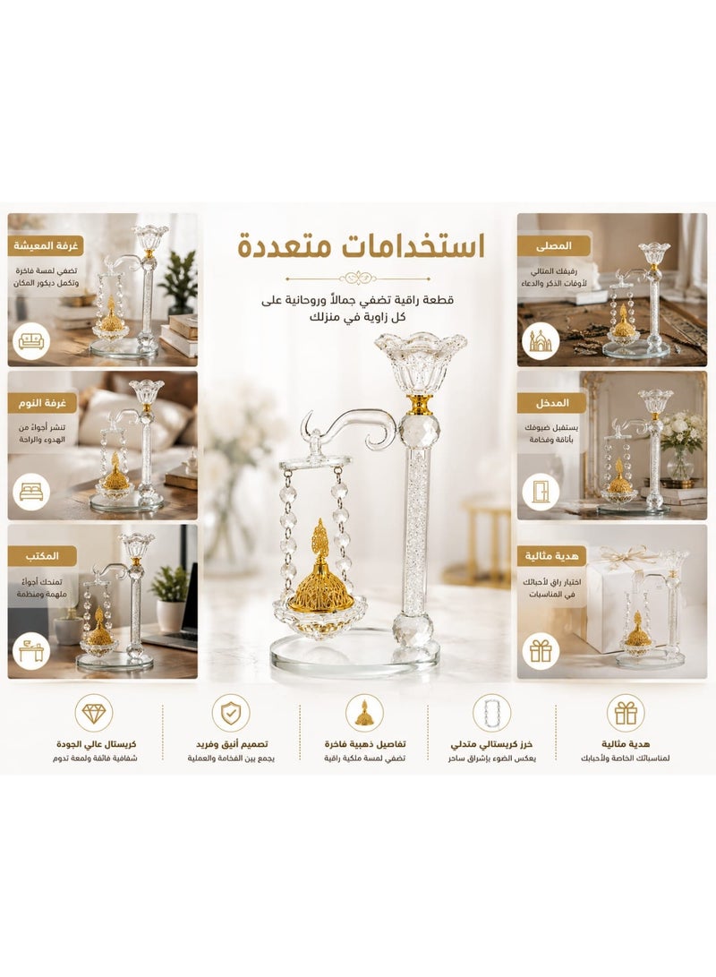 Luxury Crystal Incense Burner with Hanging Design and Round Base - Elegant Gold Bakhoor Holder for Home Decor, Office, and Special Occasions. - Image 3
