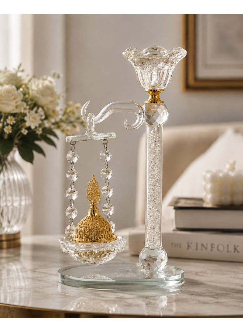 Luxury Crystal Incense Burner with Hanging Design and Round Base - Elegant Gold Bakhoor Holder for Home Decor, Office, and Special Occasions. - Image 2